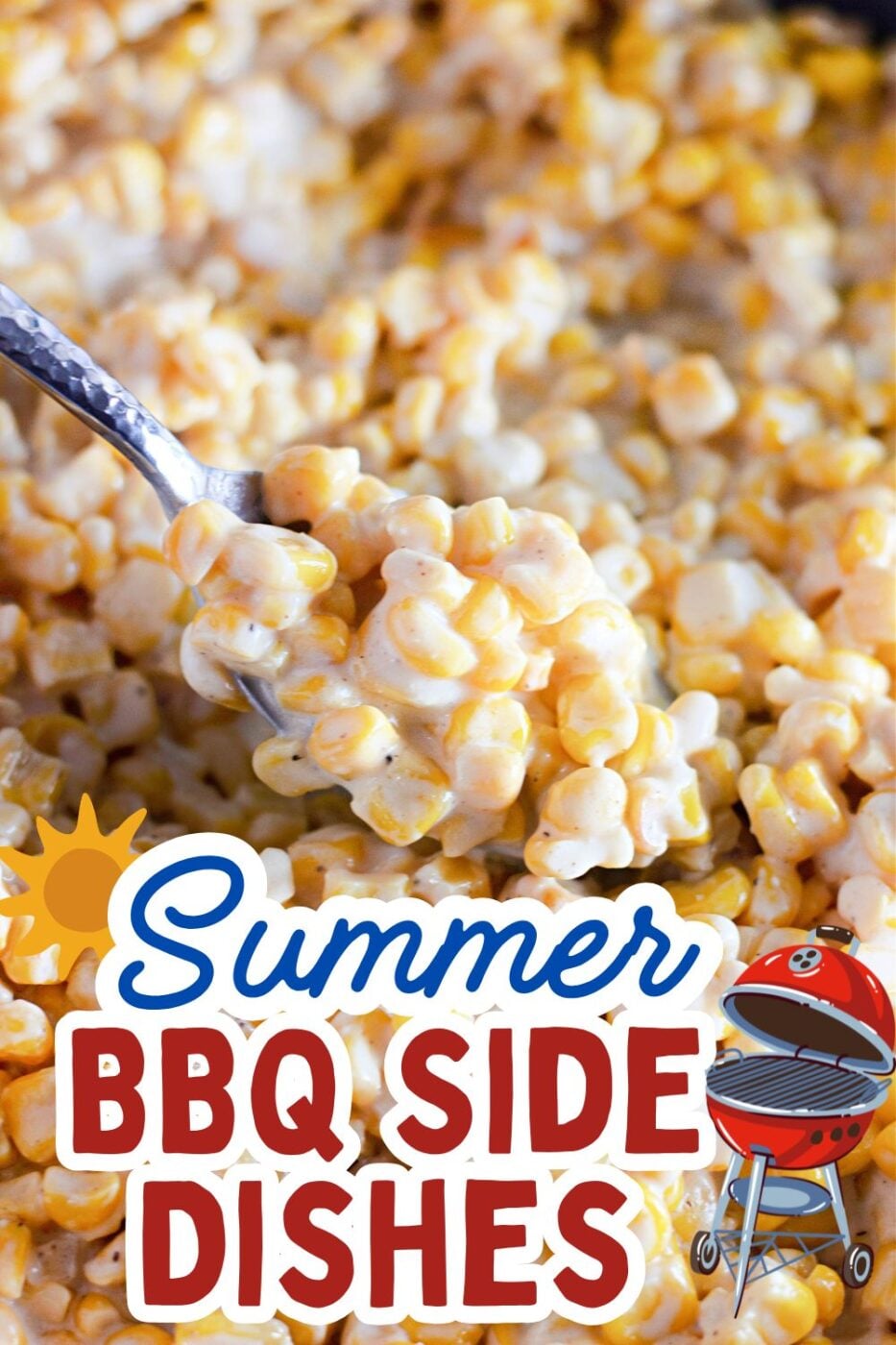 A cast iron skillet filled with rich, creamy homemade creamed corn.