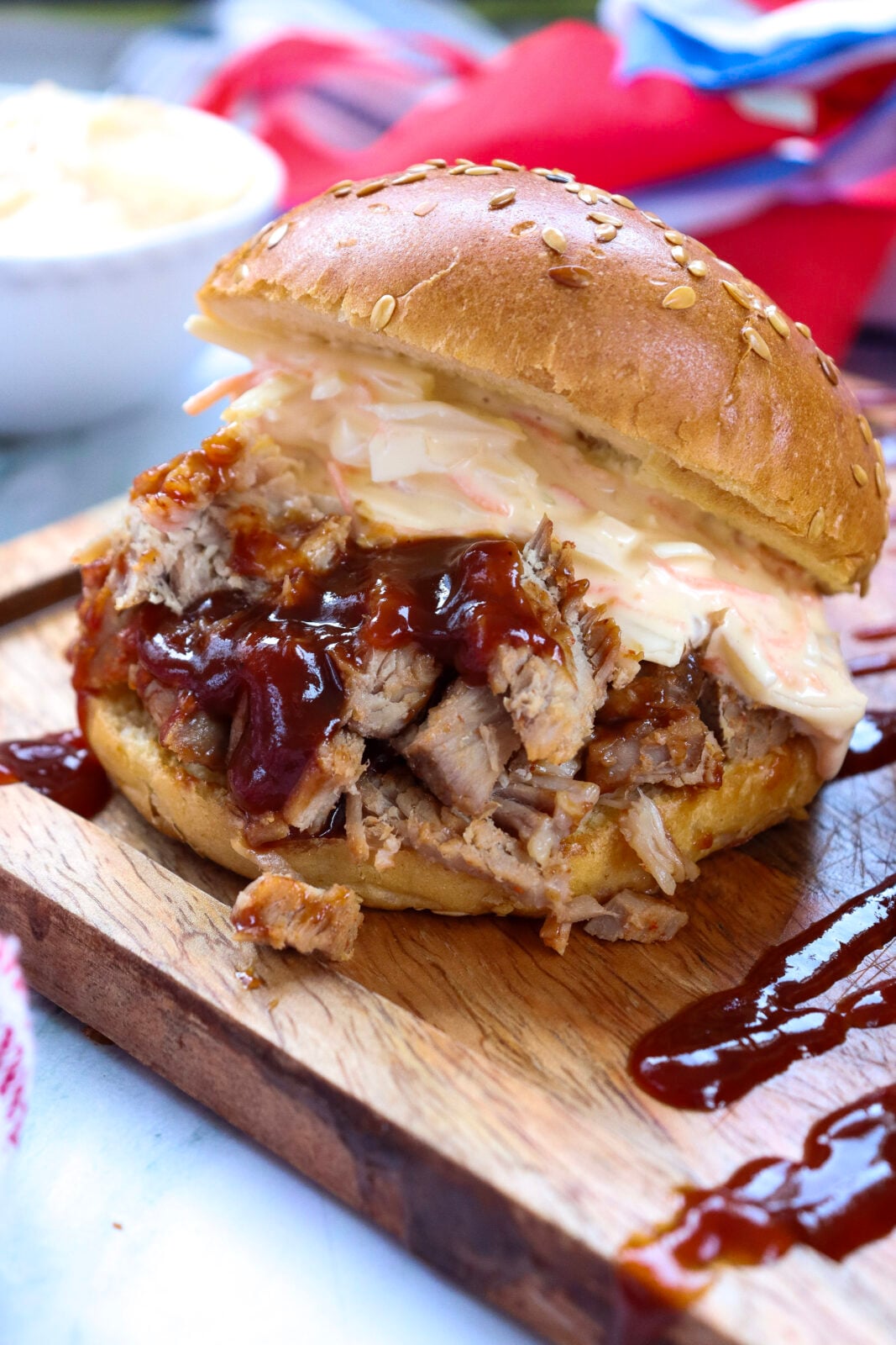 BBQ pulled pork sandwich on a toasted bun with coleslaw