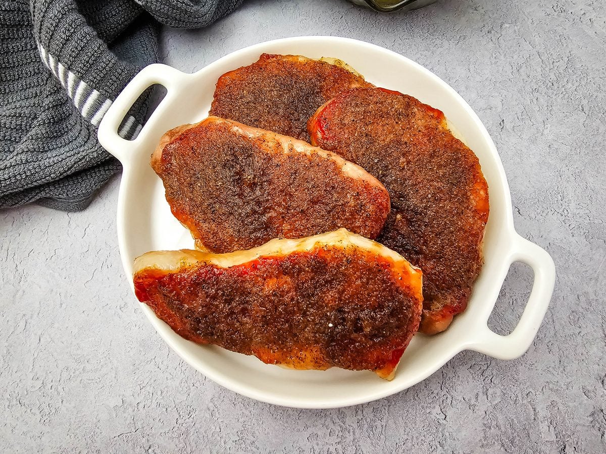 Brown sugar and ketchup pork chops ready to serve