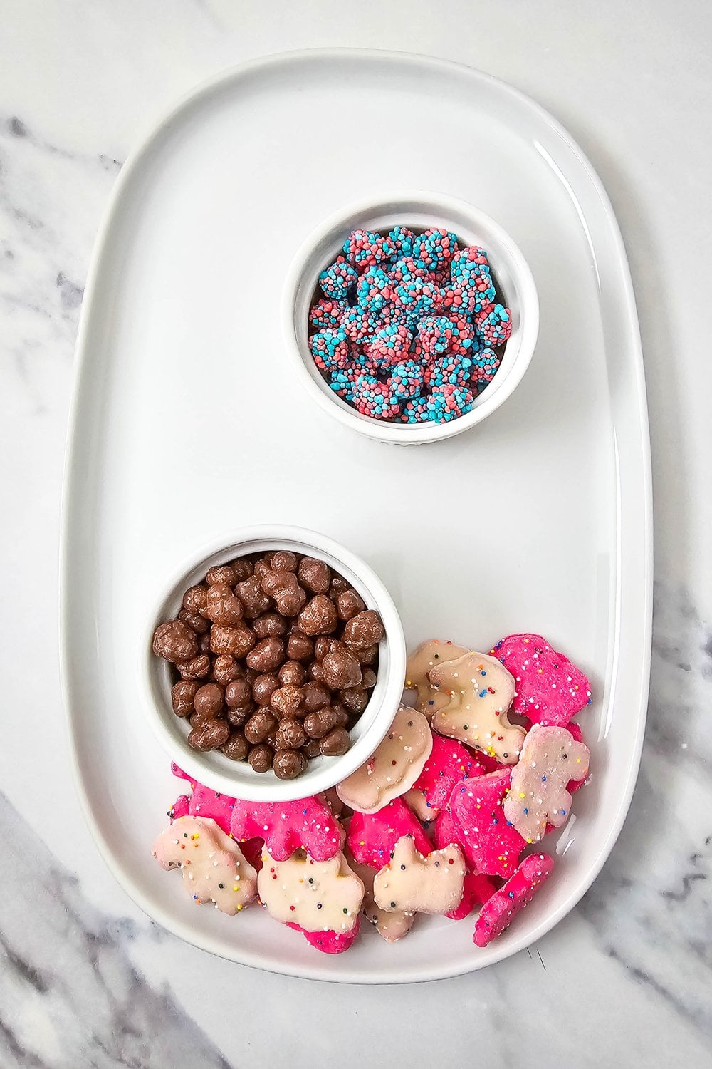 Circus Animal Cookies arranged at the bottom of the kids birthday charcuterie board