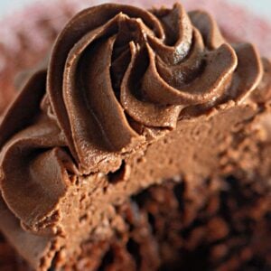Closeup of a cross-section slice of a chocolate cupcake