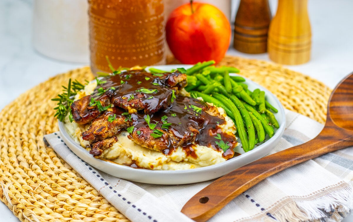 Apple cider glazed pork chops dinner with green beans