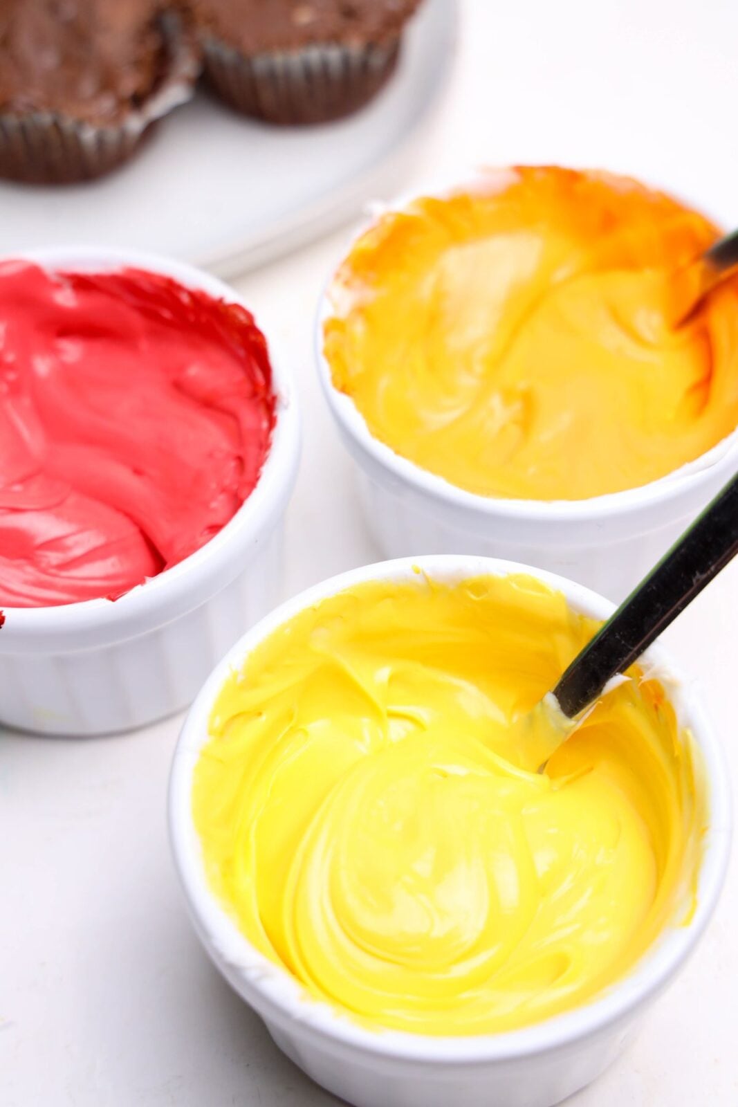 Frosting tinted red, orange, and yellow for campfire flames