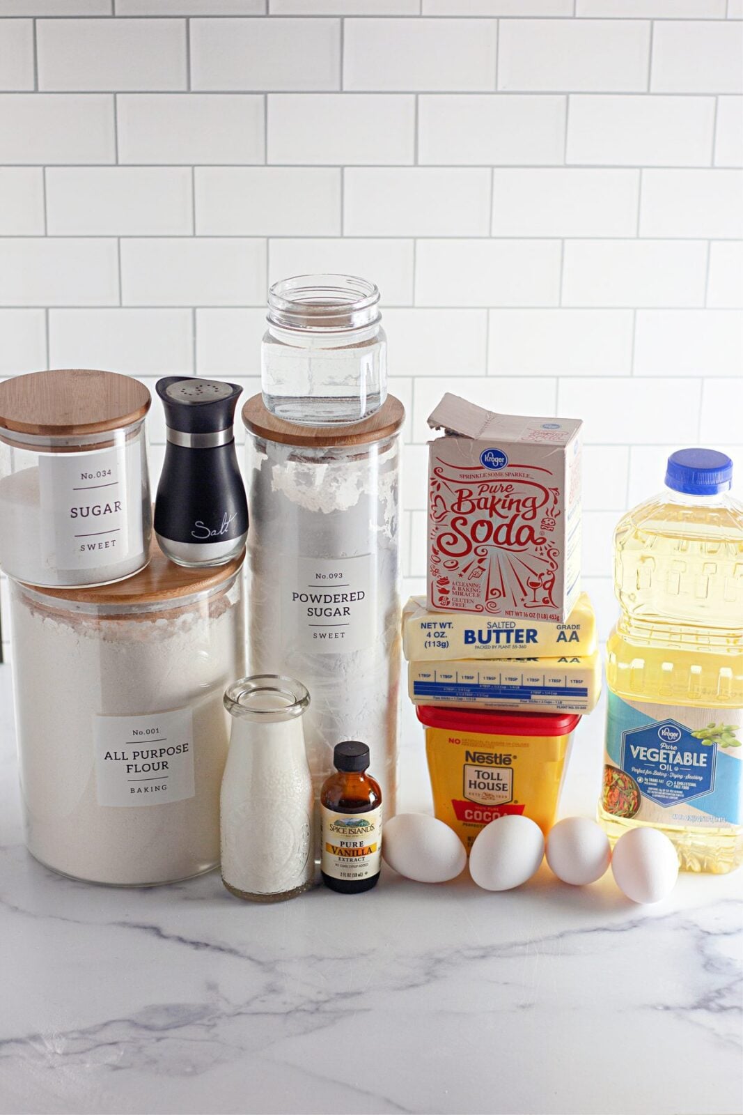 Ingredients for chocolate cupcakes measured out on a counter