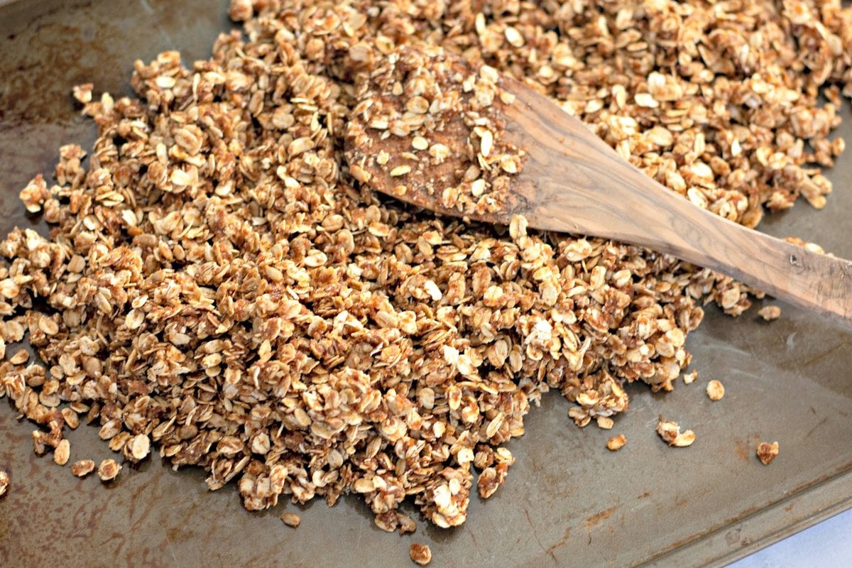 homemade cranberry granola on baking sheet