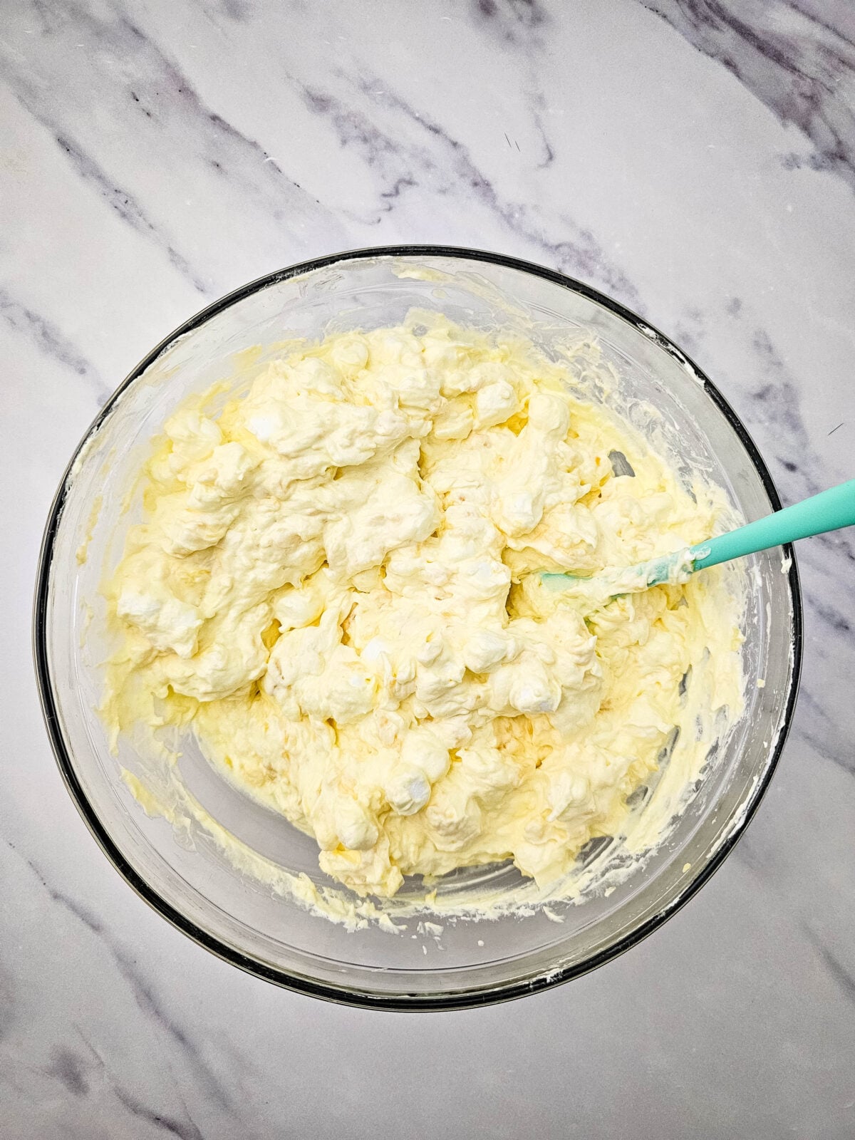 Finished lemon fluff salad chilling in the refrigerator