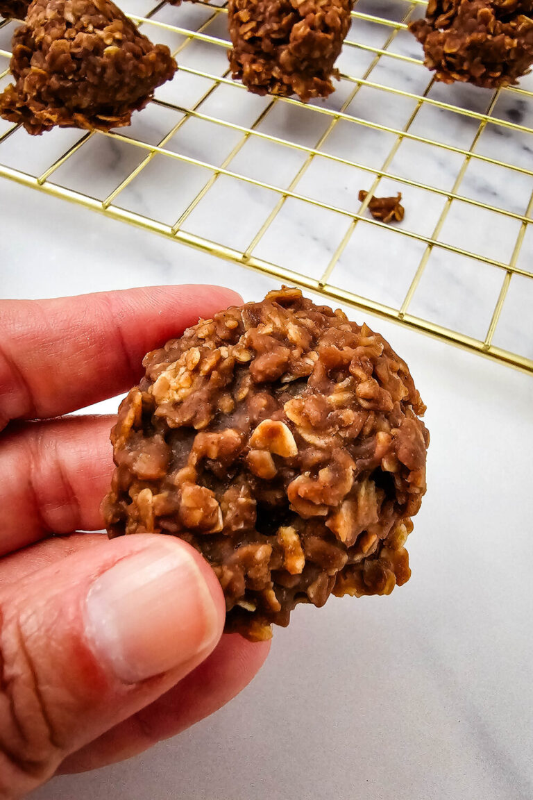 A hand holding a no-bake cookie up close, showing the chewy oat and chocolate texture.