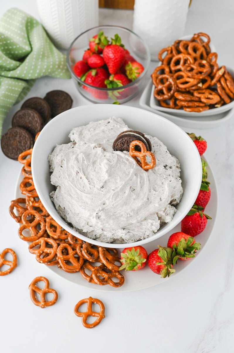 Oreo cookie dip topped with crushed Oreos