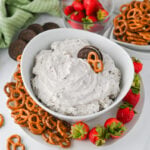 Bowl of Oreo dip topped with an Oreo