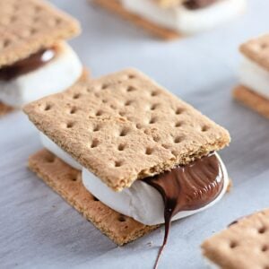Close-up of an oven baked s'more with melting chocolate