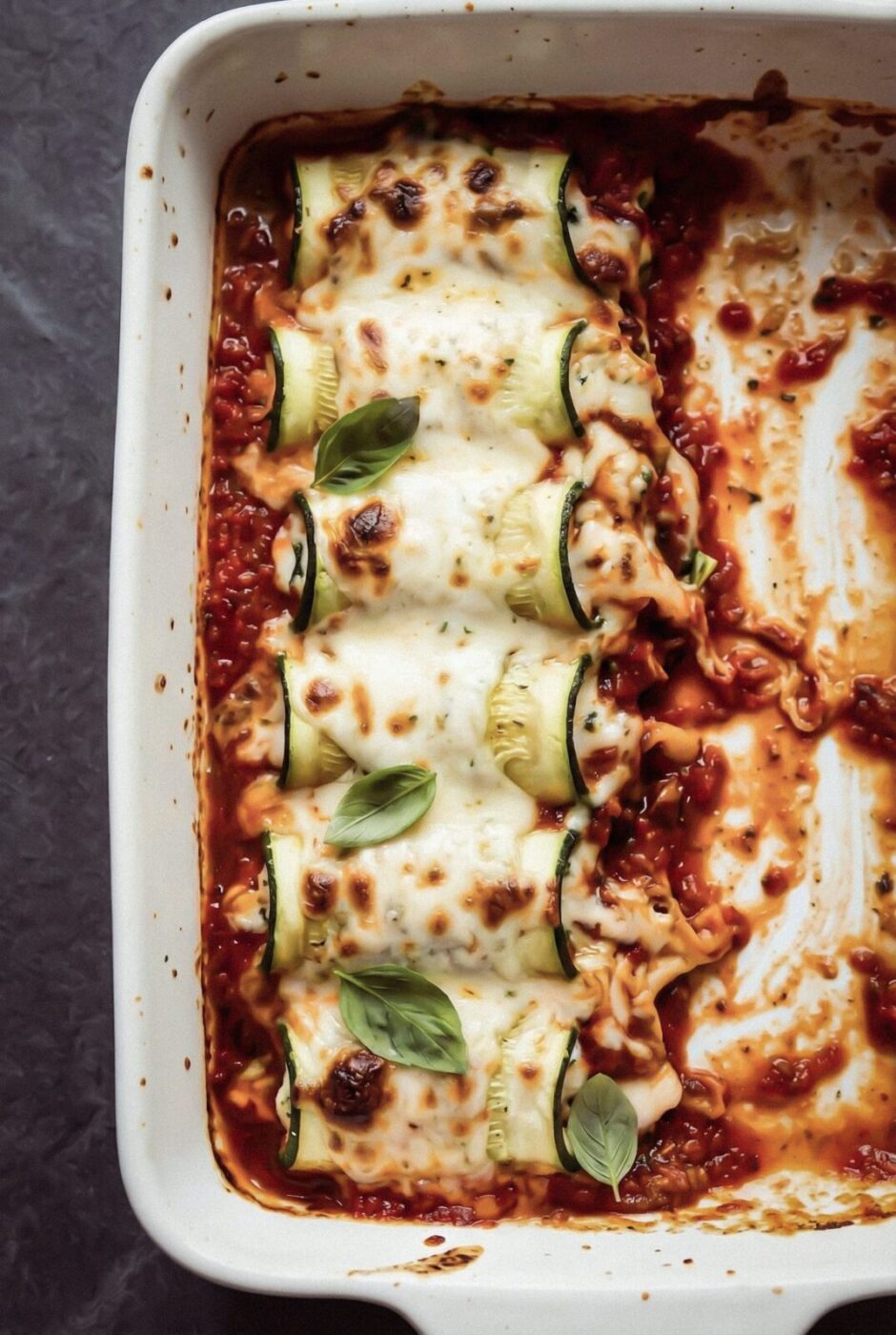 Zucchini rollatini baked in a white dish topped with marinara, melted mozzarella, and fresh basil