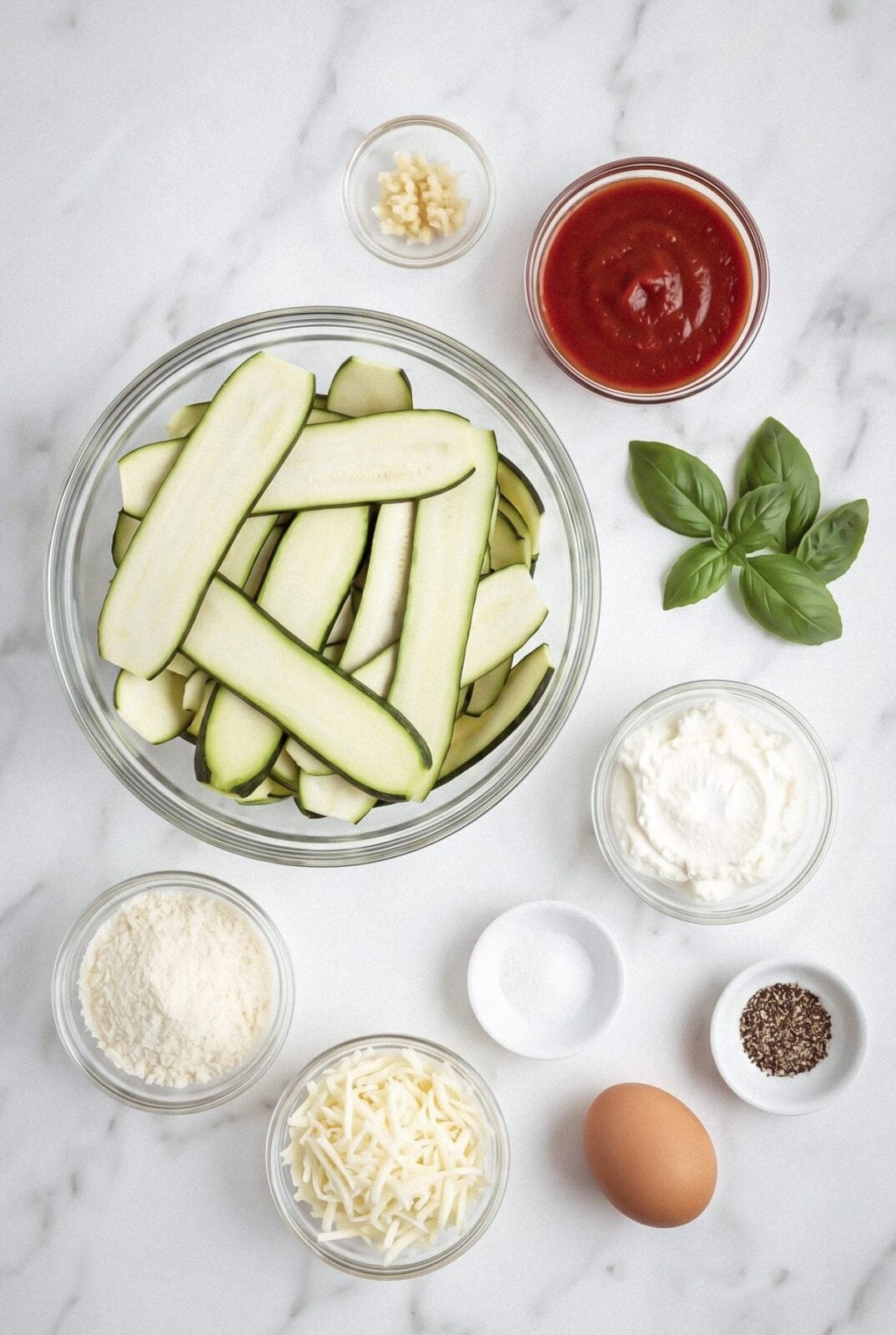 Ingredients for zucchini rollatini including zucchini, ricotta, marinara, egg, and basil