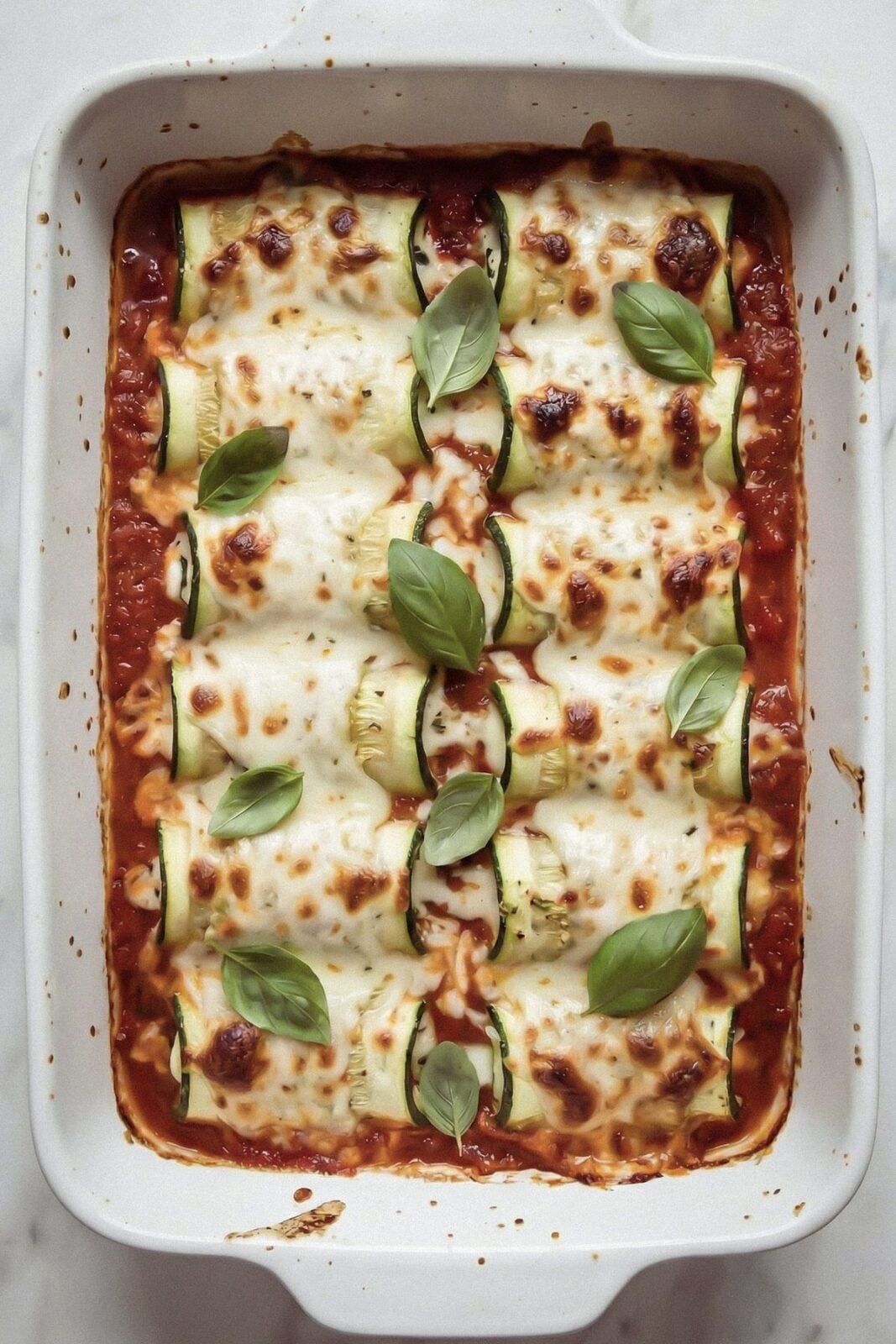 Baked zucchini rollatini with melted golden cheese and basil
