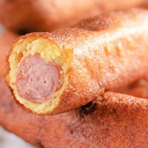 Cross section closeup of a homemade corn dog