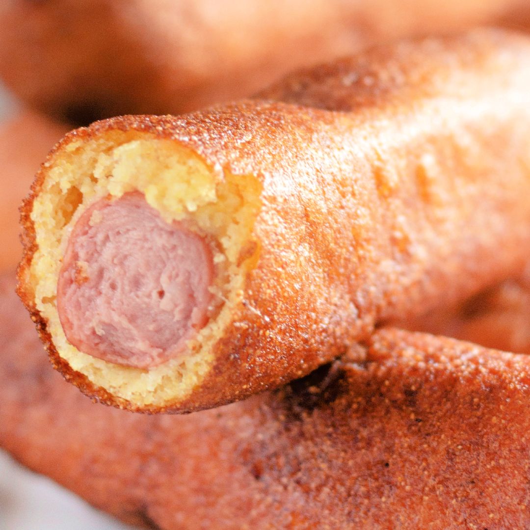 Cross section closeup of a homemade corn dog