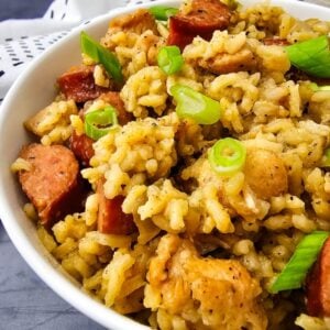 Closeup of a bowl of cajun chicken and sausage rice dish