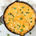 Bubbly baked chicken enchilada dip in a cast iron skillet topped with cilantro