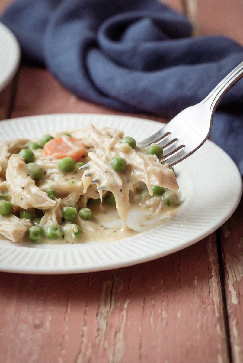 Fork lifting cheesy shredded chicken from a plate of crockpot chicken casserole