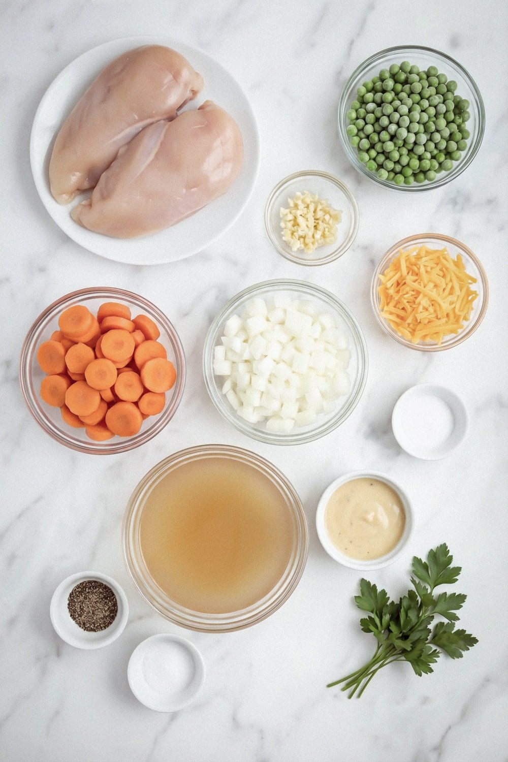 Ingredients for crockpot chicken casserole: chicken, peas, carrots, cheddar, cream of chicken soup