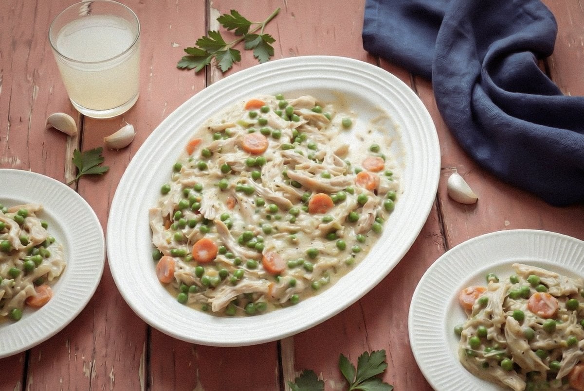 Crockpot chicken casserole plated with a small side dish, peas, and carrots