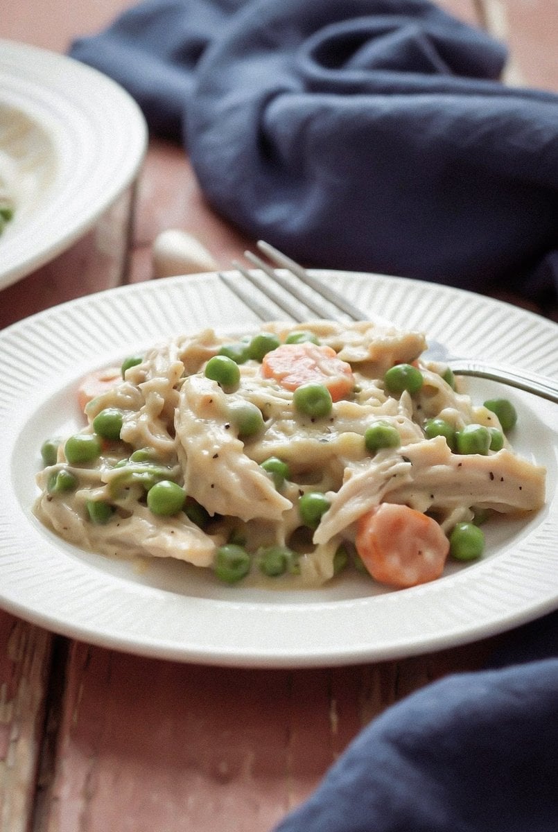 A serving of creamy crockpot chicken casserole with peas and carrots and a fork
