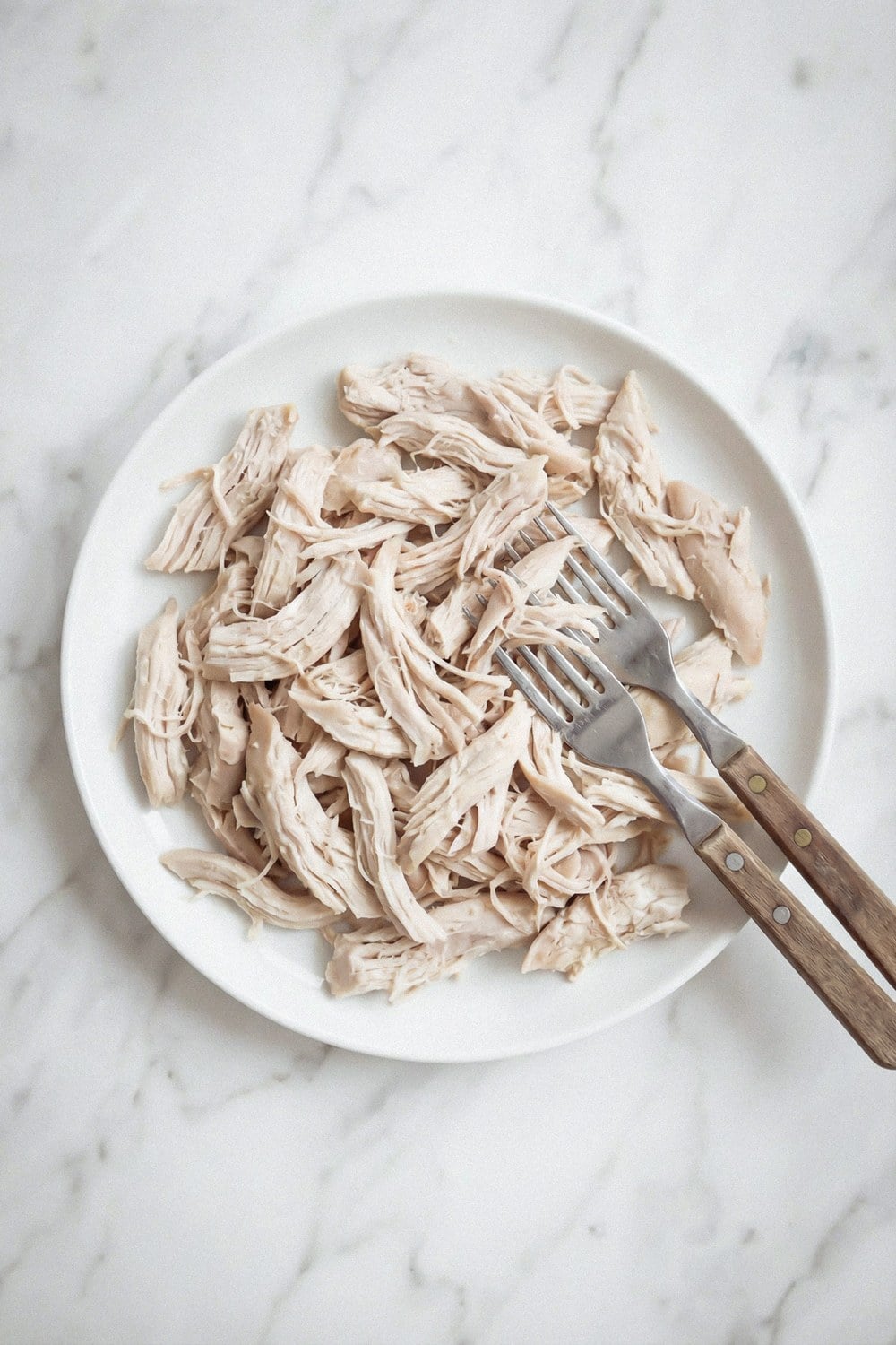 Shredded cooked chicken on a white plate with a fork