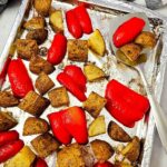 Easy roasted bell peppers and potatoes, close overhead of the finished sheet pan