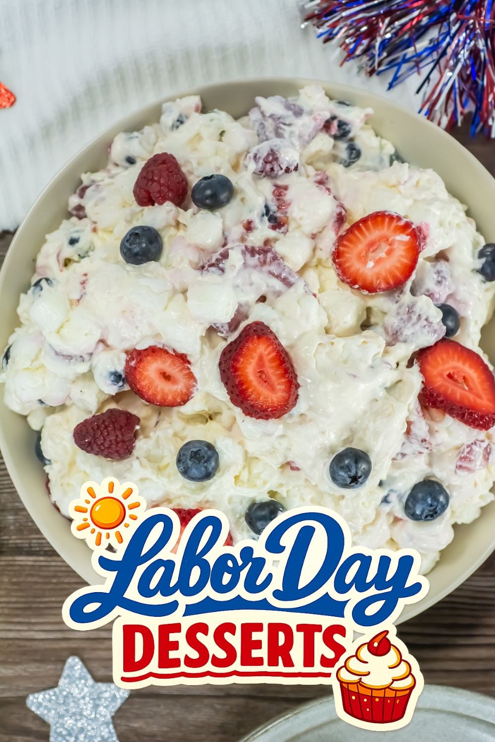 Red, White & Blue Cheesecake Salad - Labor Day dessert for a crowd