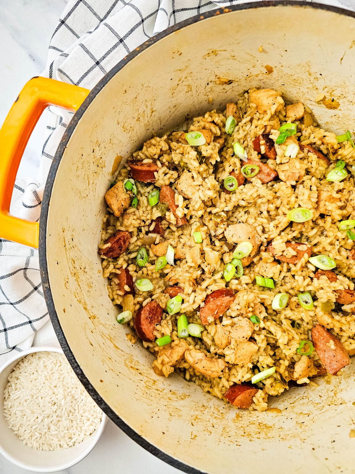 Finished one pot jambalaya topped with sliced green onions