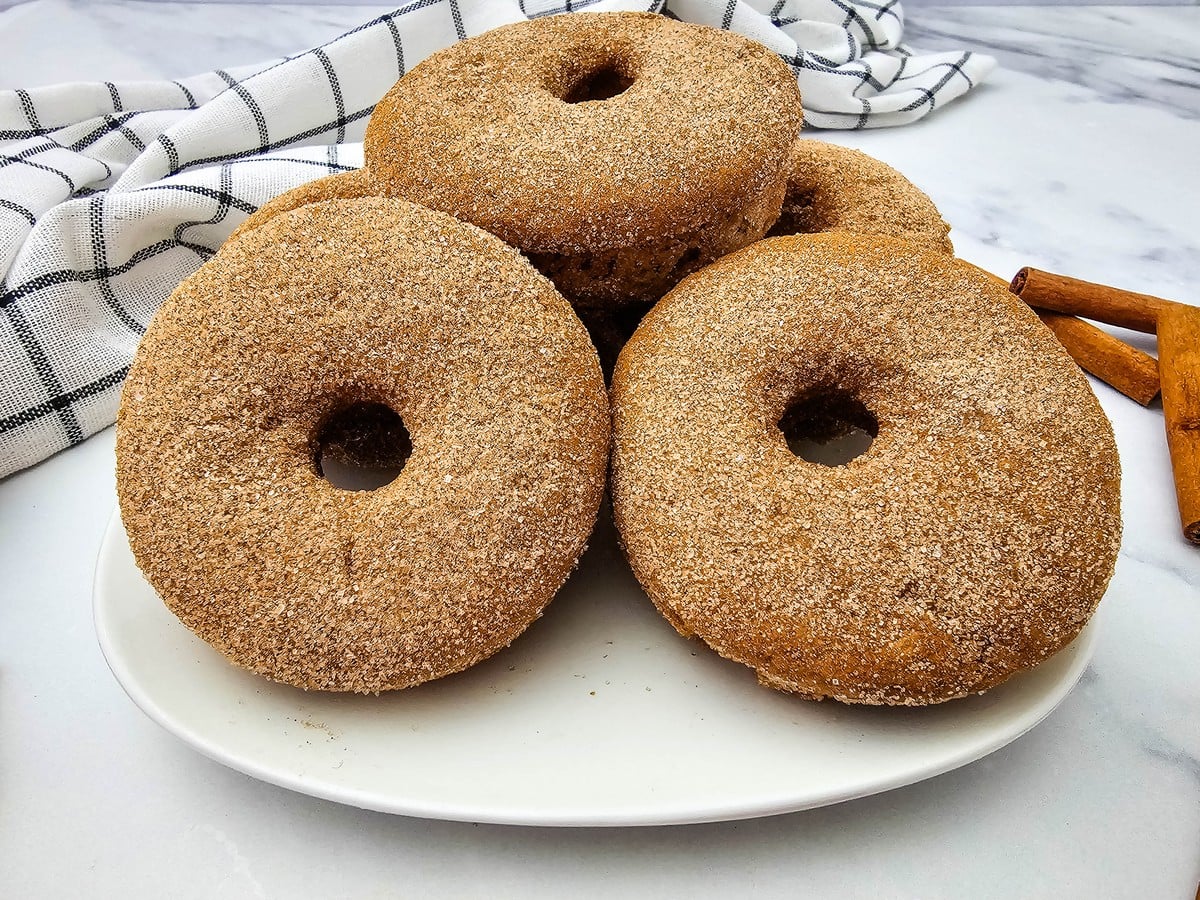 Platter of cinnamon sugar apple cider donuts