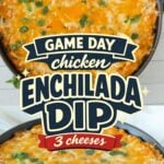 Two cast iron skillets of hot cheesy chicken enchilada dip garnished with cilantro