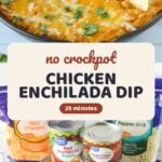 Bubbling cheesy chicken enchilada dip in a cast iron skillet topped with fresh cilantro and a tortilla chip