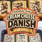 Rows of rectangular cream cheese danishes topped with mini chocolate chips before and after baking