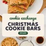 Stack of thick chewy Christmas cookie bars studded with red and green candies on a white plate
