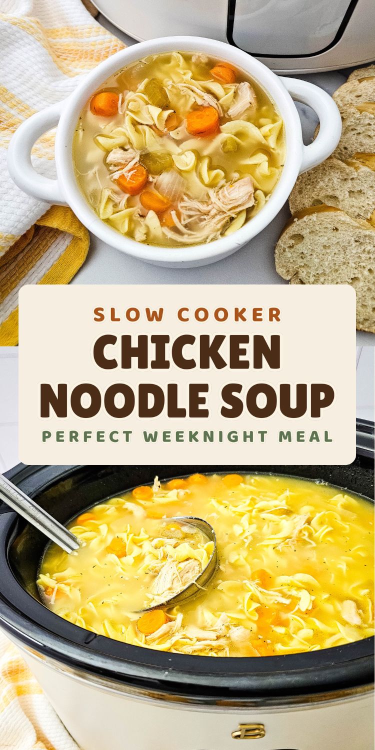 Bowl of chicken noodle soup with carrots and egg noodles next to a slow cooker full of soup, with a slow cooker chicken noodle soup text label
