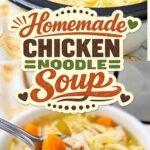Crockpot of chicken noodle soup and a spoonful of shredded chicken and noodles, with a homemade chicken noodle soup badge