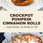 A glazed pumpkin cinnamon roll on a white plate above a slow cooker full of iced rolls