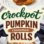 Crockpot pumpkin cinnamon roll with icing on a white plate above a slow cooker of glazed rolls
