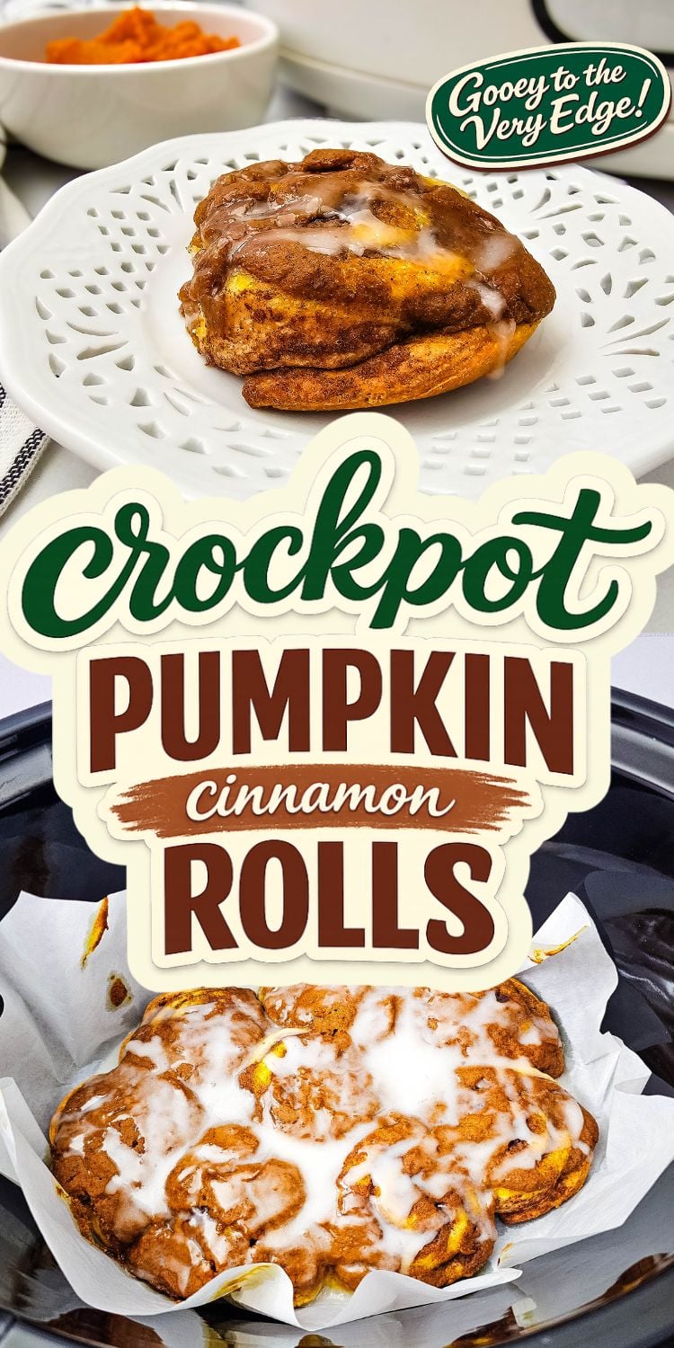 Crockpot pumpkin cinnamon roll with icing on a white plate above a slow cooker of glazed rolls