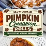 Iced pumpkin cinnamon rolls lifted on parchment from a slow cooker with a single roll on a plate