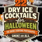 Collage of cocktails with dry ice fog pouring over the glasses on dark backgrounds