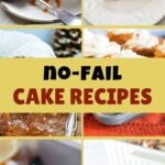 Collage of six easy homemade cakes including a chocolate mug cake with caramel, apple coffee cake, lemon poke cake and Heath bar poke cake