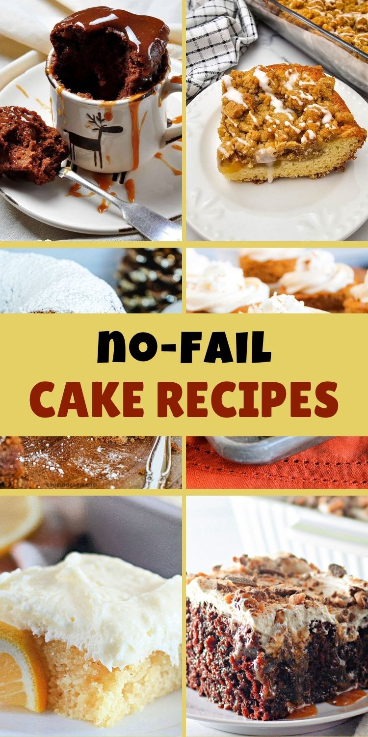 Collage of six easy homemade cakes with a band reading no-fail Cake Recipes