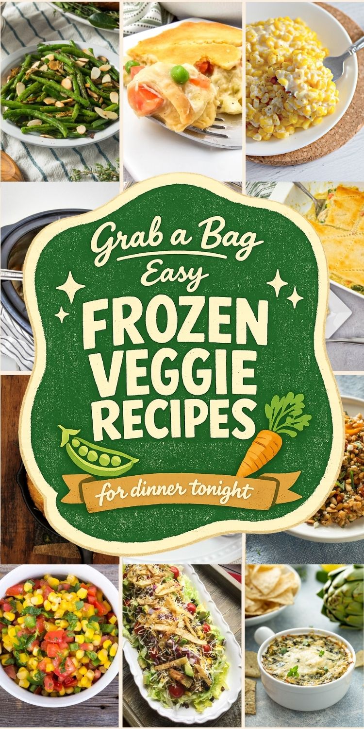 Collage of frozen vegetable recipes with the text Grab a Bag Easy Frozen Veggie Recipes for dinner tonight
