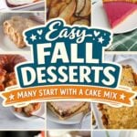 Collage of easy fall desserts including frosted cinnamon rolls, baked apple slices and pumpkin cupcakes, with a teal badge reading Easy Fall Desserts