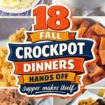 Collage of fall comfort food with a badge reading 18 Fall Crockpot Dinners, Hands Off, Supper Makes Itself