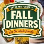 Collage of slow cooker and sheet pan fall dinners including pork tenderloin, chicken noodle soup, and a cheesy casserole