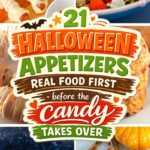 Collage of Halloween appetizers including mummy hot dogs, party mix and jack o lantern pastries
