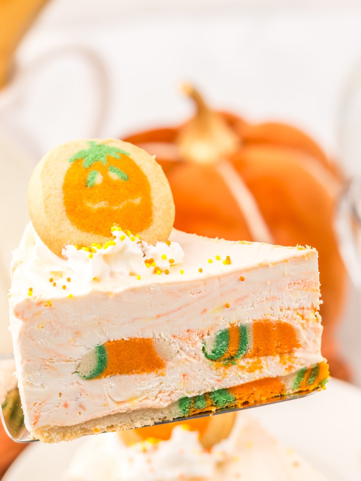 No bake Halloween cheesecake slice on a cake server showing the hidden cookie layer