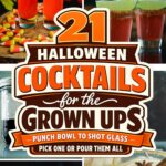 Collage of orange and red Halloween cocktails in shot glasses and coupe glasses with candy corn
